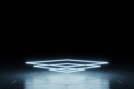 Modern undefined empty abstract background illuminated by vertical white square lights on reflective hexagon tiled floor, ceiling and background faded in the dark. 3D rendered image.