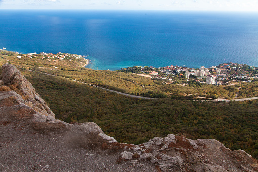 View of the city of Foros and the Black Sea in summer from the observation deck of the Foros Church. Travel concept.