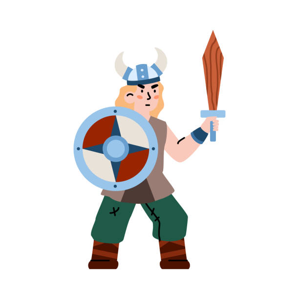 ilustraciones, imágenes clip art, dibujos animados e iconos de stock de guerrero vikingo escandinavo con casco con cuernos ilustración vectorial plana aislado. - viking mascot warrior pirate
