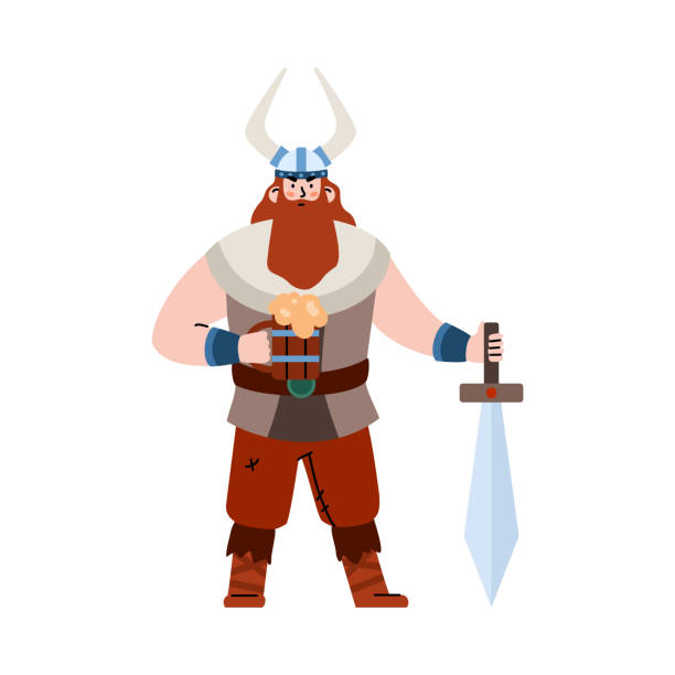 ilustraciones, imágenes clip art, dibujos animados e iconos de stock de poderosa ilustración vectorial plana de guerrero vikingo barbudo escandinavo aislado. - viking mascot warrior pirate