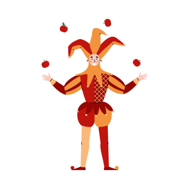 Medieval Jester in costume juggles apples, flat vector illustration isolated. Medieval Jester in colorful costume juggles apples, flat vector illustration isolated on white background. Professional joker or jester actor in middle ages scenic suit. court jester stock illustrations