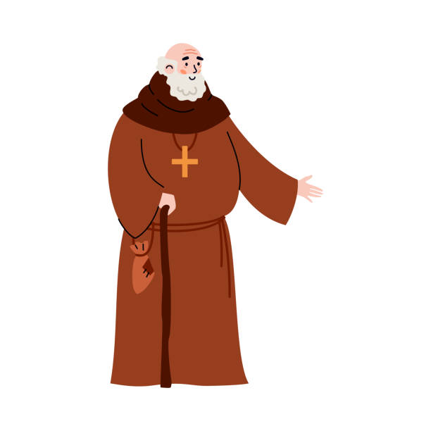 Medieval priest or monk cartoon character, flat vector illustration isolated. Medieval priest or monk male cartoon character, flat vector illustration isolated on white background. Christian catholic monk or friar, preacher monastery. bishop clergy stock illustrations