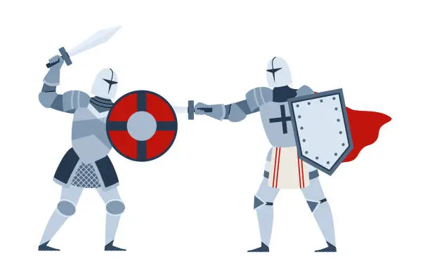 Vector illustration of Tournament or battle of medieval foot knights flat vector illustration isolated.