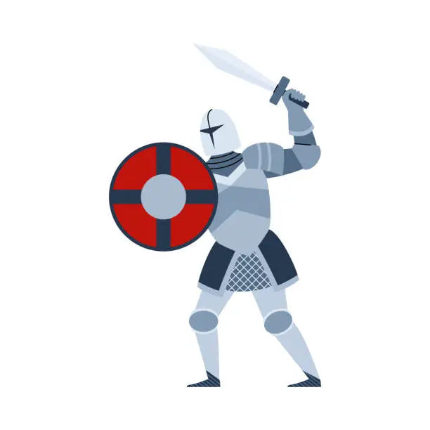 Vector illustration of Medieval knight armed with sword and shield flat vector illustration isolated.