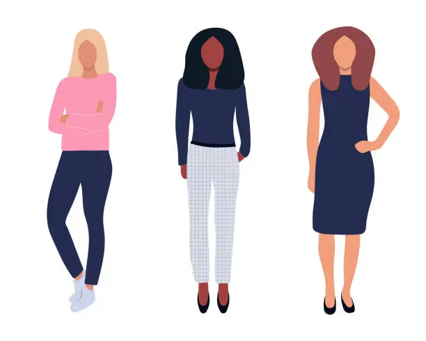 Vector illustration of Multinational business team. Vector illustration of diverse women of different races, ages and physiques in office outfits. Isolated on white.