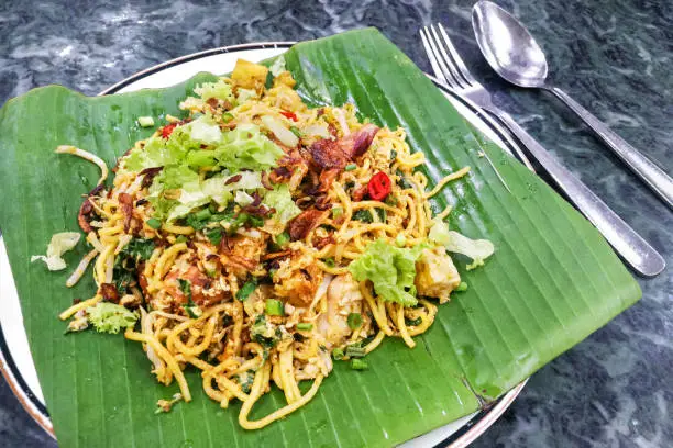 Photo of Malaysia's popular mee goreng mamak, fried noodle with chicken and eggs.
