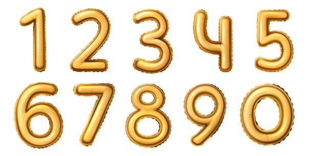 istock Golden number balloons. Realistic numeral alphabeth for birthday, anniversary or new year celebration. Gold foil balloon 0 to 9 vector set 1311958682