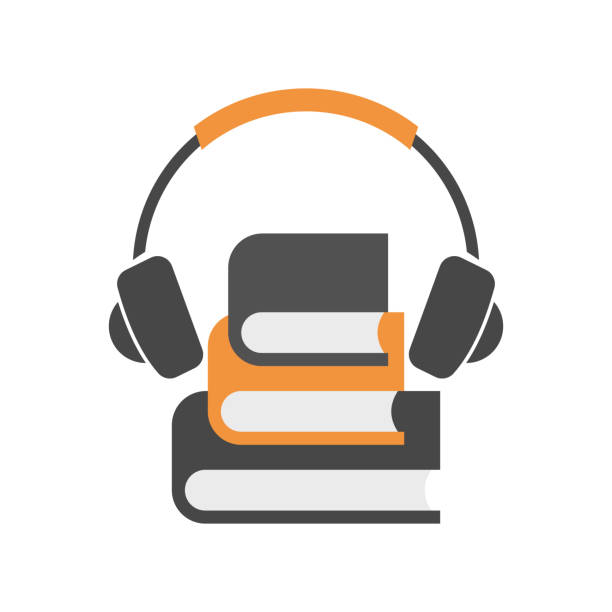 ilustrações, clipart, desenhos animados e ícones de ícone do livro de áudio. pilha de livros com fone de ouvido. - pile of books audio