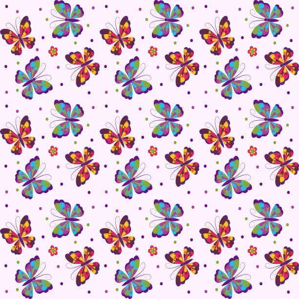 Vector illustration of Trendy seamless butterfly pattern. Fabric design with simple flowers.