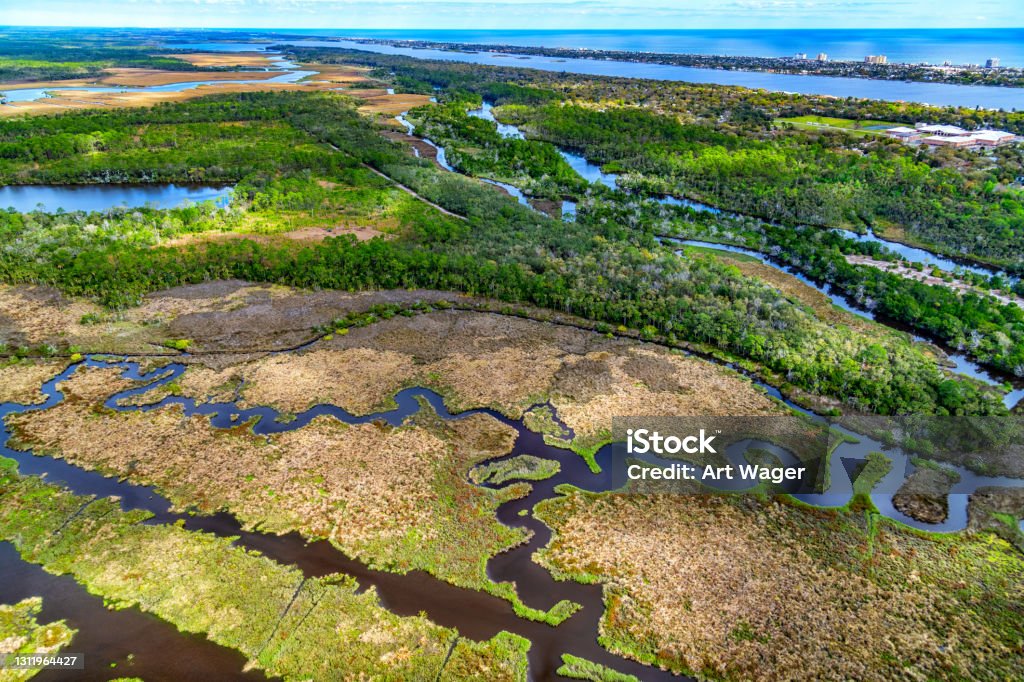 Florida Coastal Landscape A wilderness area in the town of Ormond Beach, Florida along the Atlantic coastline shot from an altitude of about 800 feet during a helicopter photo flight. Swamp Stock Photo