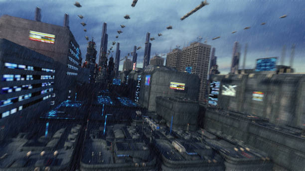 istock 3d rendering. Futuristic city and spaceships 1311964569