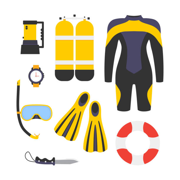 diving equipment set collection of scuba diving diving equipment set collection of scuba diving, aqualung oxygen cylinders, diving costume, watch, flashlight, flippers, mask and tube, knife and lifebuoy scuba mask stock illustrations