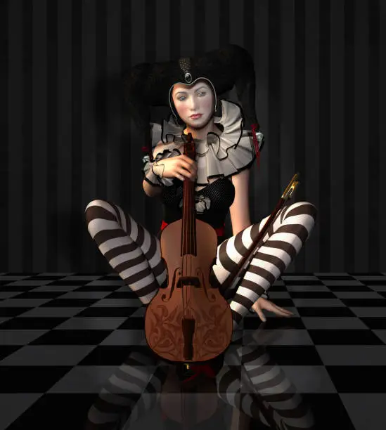 Young pierrot is a sad violin player - 3D render