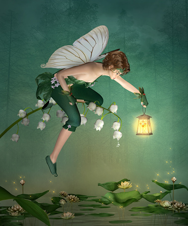 Little elf with lantern on a lily of the valley – 3D render
