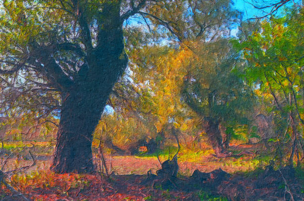 istock Oil landscape painting showing forest in spring 1311966630