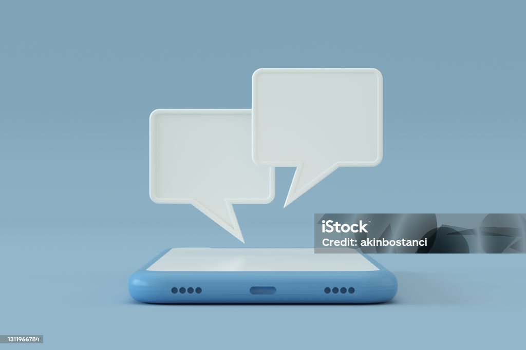 Chat Speech Bubble on Smart Phone Screen 3d rendering of Chat Speech Bubble on Smart Phone Screen. Three Dimensional Stock Photo