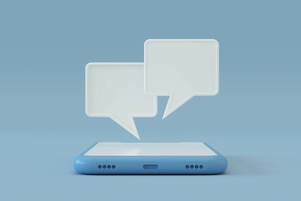 chat speech bubble on smart phone screen - texto imagens e fotografias de stock
