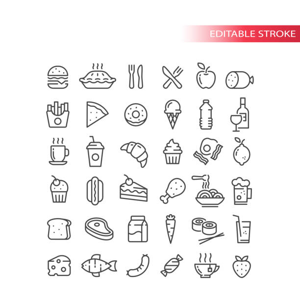 Fast food, drink and groceries line vector icon set Eggs, bacon, burger fries outline symbols, editable stroke pasta stock illustrations