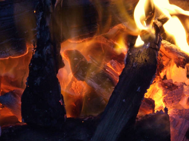 Closeup of flames from a wood fire in Millau, Southern France stock photo