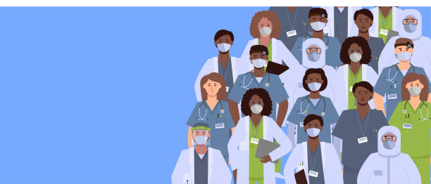 A group of health care workers. A crowd of doctors, nurses, red zone workers and emergency services. vector art illustration