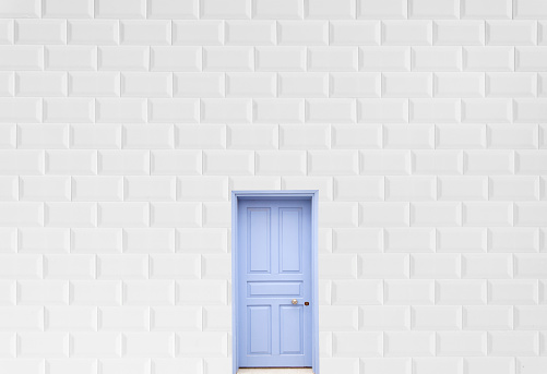 Single strong closed door on white background white stone wall