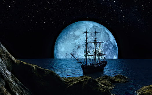 Sailboat at the full blue moon - 3d rendering