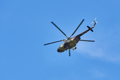 Mi-17 military helicopter of the Serbian Airforce in flight in Belgrade, Serbia on April 10, 2021