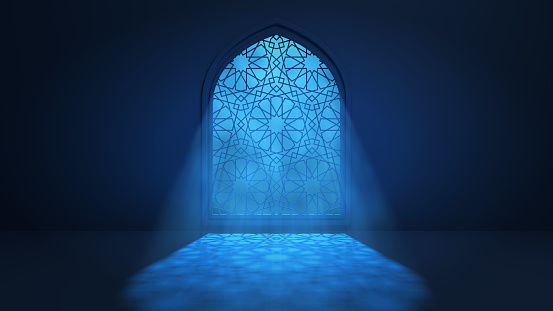 La luz lunar brilla a través de la ventana hacia el interior de la mezquita islámica. Ramadán Kareem antecedentes islámicos. Ilustración de renderizado 3D photo