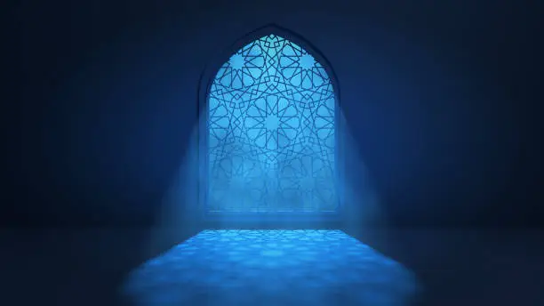 Moon light shine through the window into islamic mosque interior. Ramadan Kareem islamic background. 3d render illustration.