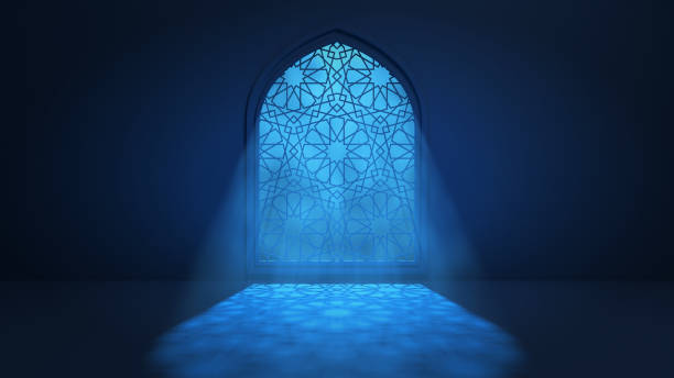 a luz da lua brilha pela janela para o interior da mesquita islâmica. ramadã kareem fundo islâmico. ilustração de renderização 3d - ramadan - fotografias e filmes do acervo
