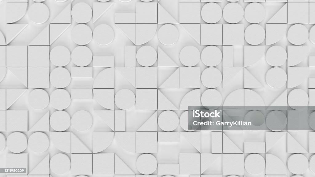 Modern white background with swiss styled semicircular and square 3d elements pattern. Minimal light background. 3d render illustration Modern white background with swiss styled semicircular and square 3d elements pattern. Minimal light background. 3d render illustration. Bauhaus - Art Movement Stock Photo