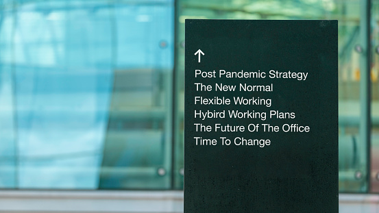 Flexible Working terms used on a city-center sign in front of a modern office building