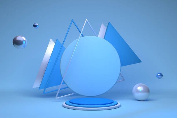 istock 3D empty podium with geometric shapes in blue composition with triangle sphere for modern stage display and minimalist mockup 1311981486