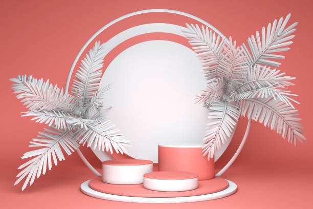 istock Cylinder pastel red minimal stand podium with geometric platform and abstract palm tree. 1311981515