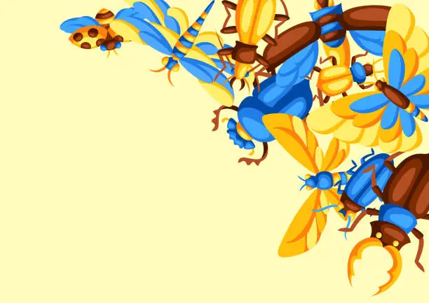 Vector illustration of Background with insects. Stylized butterflies, beetles and dragonflies.