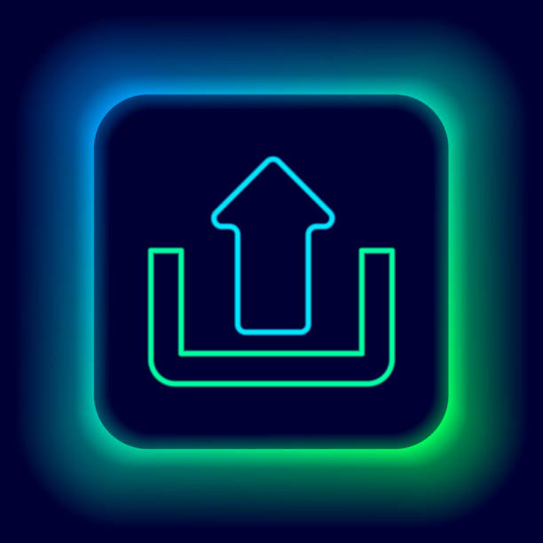 istock Glowing neon line Upload icon isolated on black background. Up arrow. Colorful outline concept. Vector 1311983153