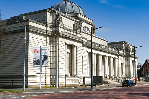 Cardiff, Wales - April 2021: Exterior view of the National Museum of Wales in Cardiff city centre.