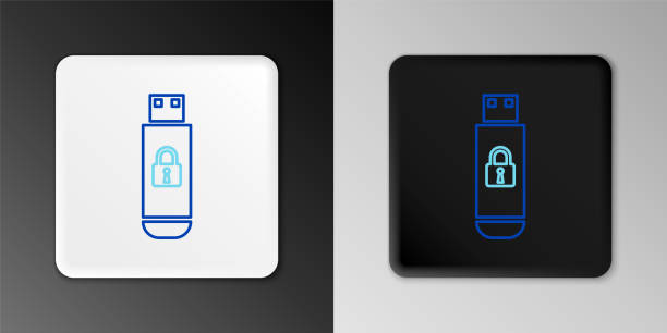 ilustraciones, imágenes clip art, dibujos animados e iconos de stock de unidad flash usb de línea con icono de candado cerrado aislado sobre fondo gris. seguridad, seguridad, concepto de protección. concepto de contorno colorido. vector - encryption usb cable usb flash drive document