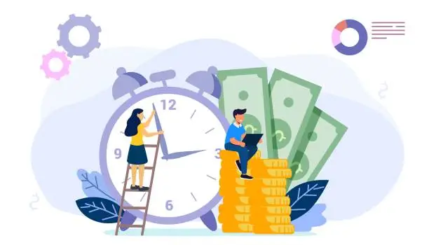 Vector illustration of Times is money Concept save time Money saving Financial investments in stock market future income growth Tiny people characters working together with clock vector illustration