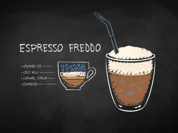 Chalked Espresso Freddo coffee recipe Vector chalk drawn infographic illustration of Espresso Freddo coffee recipe on chalkboard background. freddo cappuccino stock illustrations