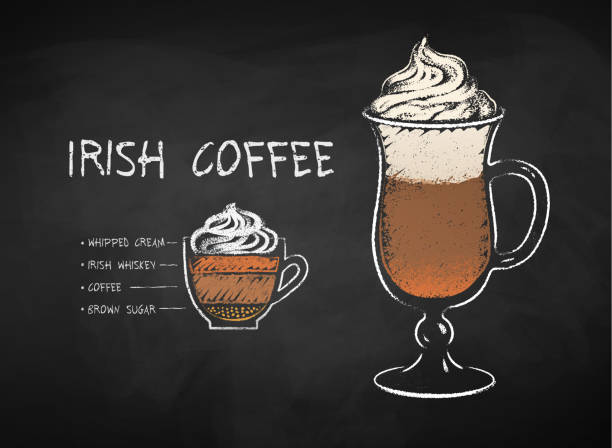 ilustraciones, imágenes clip art, dibujos animados e iconos de stock de ilustración en tiza de la receta de café irlandés - wineglass symbol coffee cup cocktail
