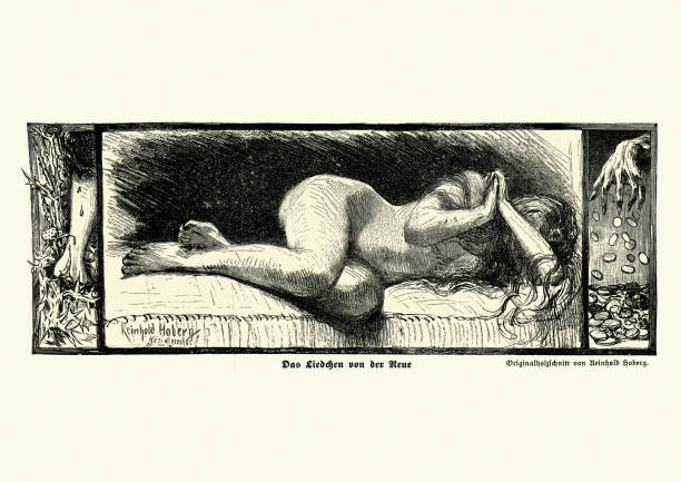 ilustrações de stock, clip art, desenhos animados e ícones de young woman, nightmares, regret, prostitution, jugendstil , art nouveau, 19th century - women victorian style retro revival art nouveau