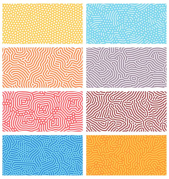 확산 원활한 패턴. 추상적 인 팁, 점 및 라인이있는 현대 바이오 유기 튜링 디자인. 기하학적 장식 벡터 텍스처 세트 - wallpaper pattern seamless pattern geometric shape stock illustrations