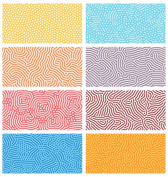 Vector illustration of Diffusion seamless patterns. Modern bio organic Turing design with abstract stipple, dots and lines. Geometric ornament vector textures set