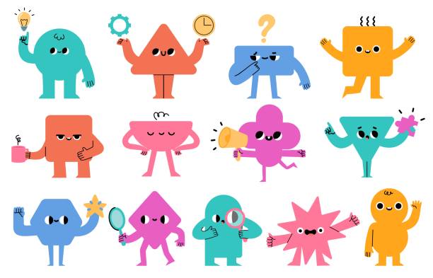 Abstract characters. Geometric comic creature emotions. Funny face business team avatar with magnifier, light bulb and megafon, vector set Abstract characters. Geometric comic creature emotions. Funny face business team avatar with magnifier, light bulb and megafon, vector set. Different shapes for math learning and teaching emotion illustrations stock illustrations