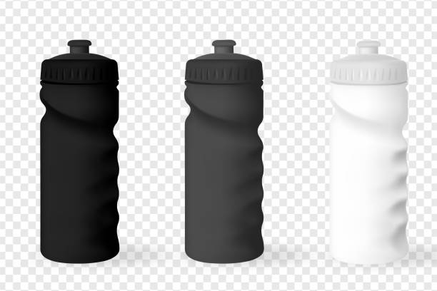 illustrazioni stock, clip art, cartoni animati e icone di tendenza di drink bottle vector realistico bottiglia d'acqua in metallo lucido nero, bianco e argento nero, bianco e argento. modello di progettazione del modello di packaging per la grafica. vista frontale. - blender concepts red black