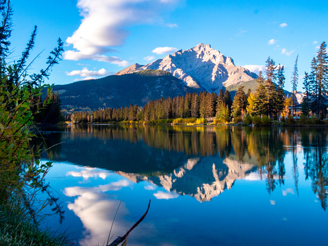 calm water reflecting the mountains in the background with blue sky and clouds in summer