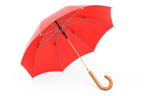Opened transparent umbrella with pink details isolated on white background, cut out, clipping path, studio shot
