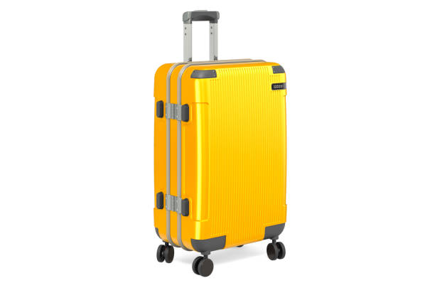 istock Golden Hardside Luggage with Spinner Wheels and Telescoping Handle. 3D rendering isolated on white background 1311996916