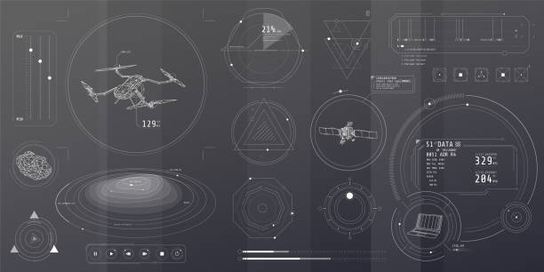 A set of thin elements on the topic of Drone Control. Poster with a set of futuristic HUD elements on the theme Drone Control. drone stock illustrations